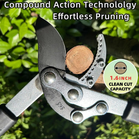 Beast Heavy Duty Tree Loppers with Extendable 21 to 26 Inch Handles cutting a 1.6 inch branch, showcasing compound action pruner.