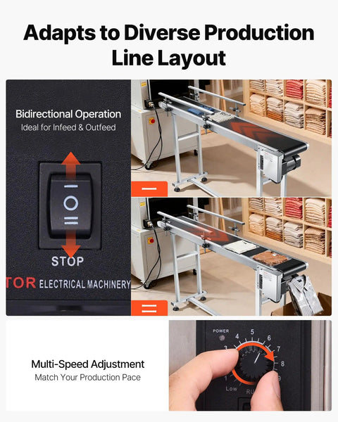 Sturdy Stainless Steel Motorized Belt Conveyor Table 59x7.8 Inch With PVC Anti Static Belt Adjustable Speed Double Guardrails in industrial setting