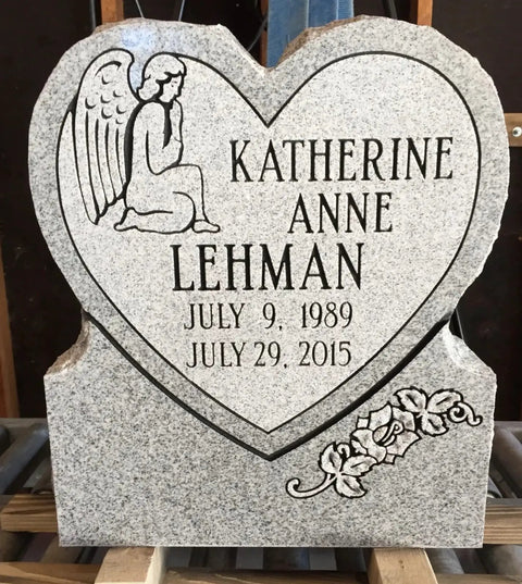 Heart Cemetery Memorial Headstone And Base With Two Design Options, Custom Engraved Gray Granite Upright Monument detail