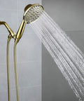 High Pressure 6 Setting Detachable Handheld Shower Head With Extra Long Flexible Hose Adjustable Metal Bracket Polished Brass Finish
