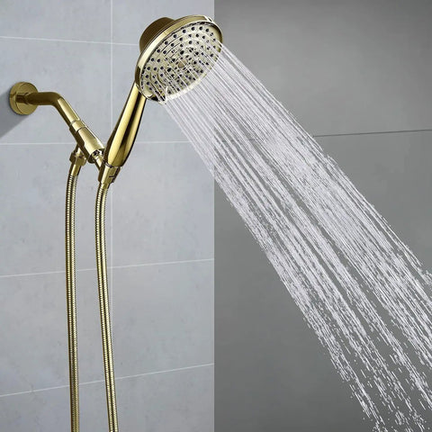 High Pressure 6 Setting Detachable Handheld Shower Head With Extra Long Flexible Hose Adjustable Metal Bracket Polished Brass Finish