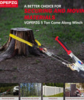 Heavy Duty 5 Ton Come Along Winch with dual gears and steel cable, pulling a tree stump with yellow strap in a forested area.