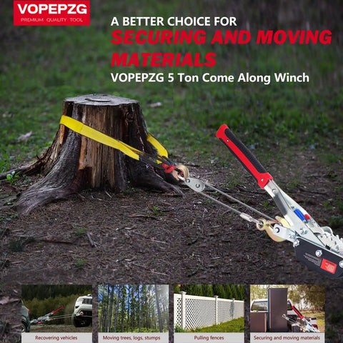 Heavy Duty 5 Ton Come Along Winch with dual gears and steel cable, pulling a tree stump with yellow strap in a forested area.