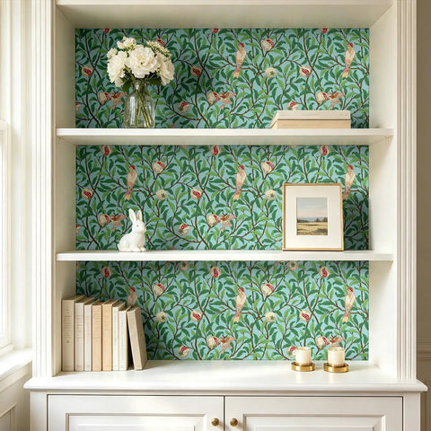 Hassle Free Peel And Stick Wallpaper Featuring Vintage Botanical Bird Graphics And Teal Green Pomegranate Vibes For Smooth Cabinet Wraps And Prepasted Removable Vinyl Rolls applied to a bookshelf backdrop.