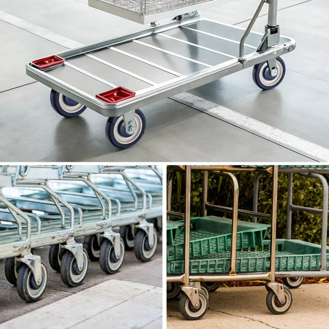 Twenty Pack Heavy Duty Shopping Cart Replacement Wheels And Silent Polyurethane Casters With Mounting Bolts, showcased on various carts.