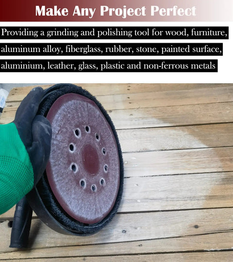 Worker using 50 Piece 9 Inch Hook And Loop Sanding Discs Set For Drywall Sander 10 Hole Includes 60 80 120 150 240 Grits Aluminum Oxide Blend