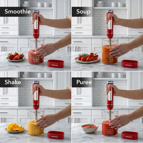 Rechargeable Cordless Hand Blender With 8 Speeds Red HR781R in use for smoothies, soups, shakes, and purees in kitchen setting.