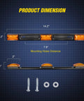 14.2 Inch 9 LED Trailer Light Bar Amber Clearance Marker Rear Lights For Wide Trailers 80 Inches Or Wider With Wide Angle Beam Ultra Bright Light Heat Dissipating SMD LEDs Durable And Glare Free, front and side dimensions with mounting screws
