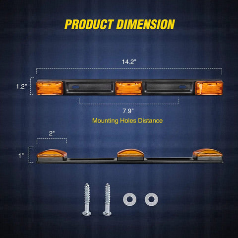 14.2 Inch 9 LED Trailer Light Bar Amber Clearance Marker Rear Lights For Wide Trailers 80 Inches Or Wider With Wide Angle Beam Ultra Bright Light Heat Dissipating SMD LEDs Durable And Glare Free, front and side dimensions with mounting screws