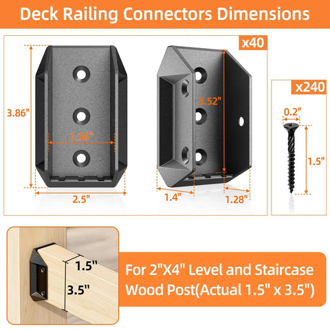 40 Pack Aluminum Deck Railing Brackets Connectors For Fence And Stair Handrails Actual 1.5x3.5 Inch 2x4 Size dimension details