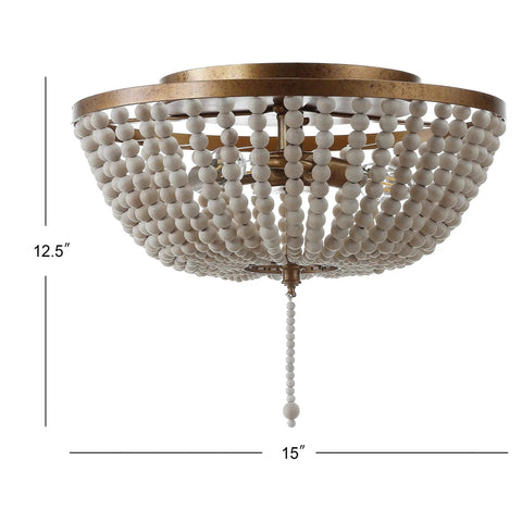 Allison 3 Light LED Flush Mount Ceiling Light With Wood Beaded Shade In Antique Gold Cream, 12.5x15 inch farmhouse decor