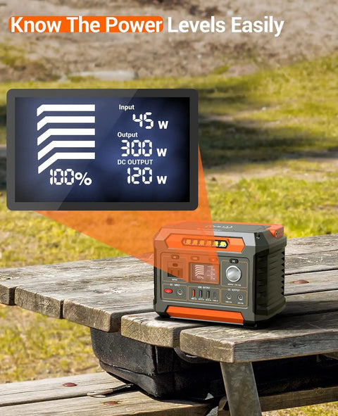 Portable Power Station 299Wh 7 Pound Lightweight Camping Solar Generator With Pure Sine Wave Regulated DC Output Pass Through Charging AC Outlet And Built In LED Light For CPAP Camping And Home Emergency Backup Charge Phones And Laptops on picnic table with digital display showing power levels