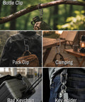 Ultra Light Aerospace Grade Titanium Purse Hook used as bottle clip, pack clip, camping hook, bag keychain, and key holder.