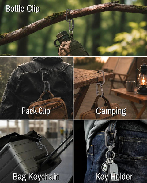 Ultra Light Aerospace Grade Titanium Purse Hook used as bottle clip, pack clip, camping hook, bag keychain, and key holder.