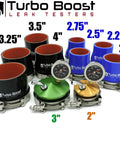 Turbo Boost Leak Testers kit with black and blue silicone charge-pipe couplers, clamps, and pressure gauges (2–4 in).
