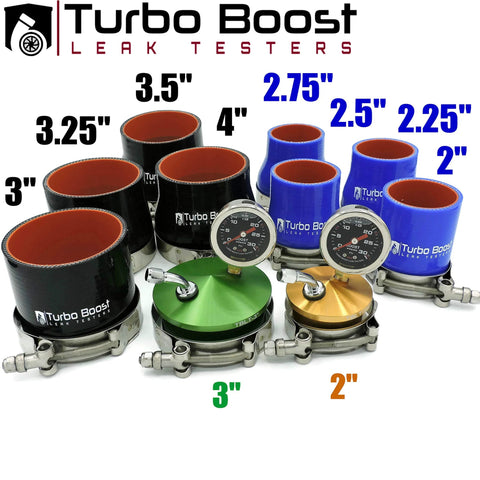Turbo Boost Leak Testers kit with black and blue silicone charge-pipe couplers, clamps, and pressure gauges (2–4 in).