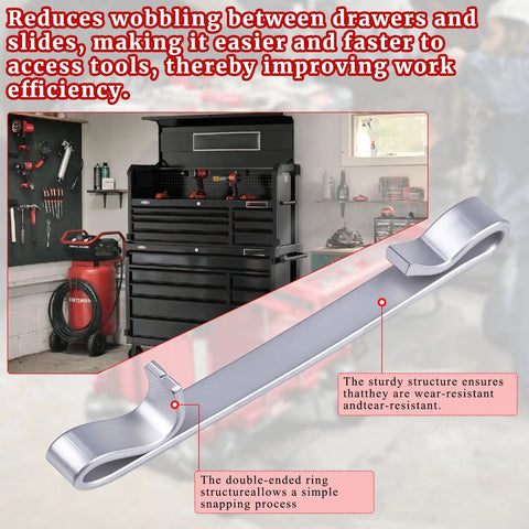 12 Pack Tool Box Drawer Slide Retaining Clips Heavy Duty 2 Inch Double Loop Stop Style detail with toolbox background