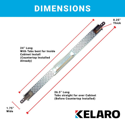EZ Dishwasher Mounting Bracket Kit dimensions showing 26.5 inch length and 1.75 inch width for granite and quartz countertops.