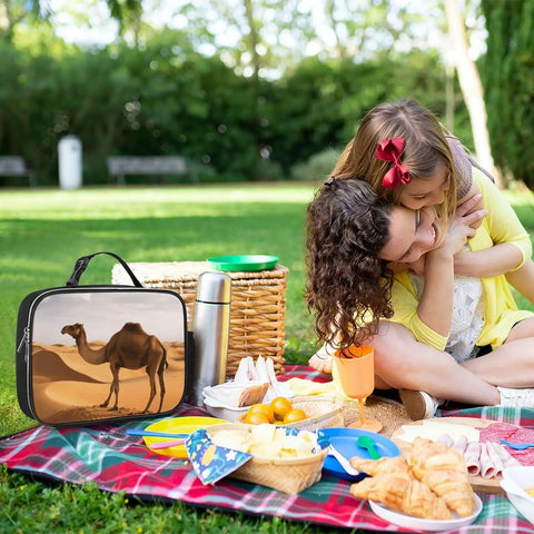 Insulated Lunch Bag For Men And Women Large Capacity Desert Sand Camel Cooler Tote on picnic blanket