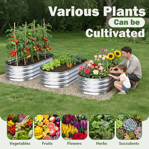 Galvanized Raised Garden Bed Outdoor 4x2x1ft Two Pack, Heavy Duty Metal Planter Boxes for Gardening with various plants.