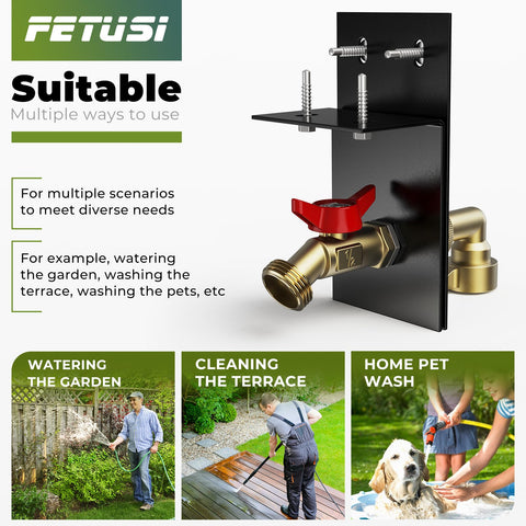 DIY Water Spigot Kit And Hose Bib Extender With Brass Connector, for garden and patio use, shown with installation applications.