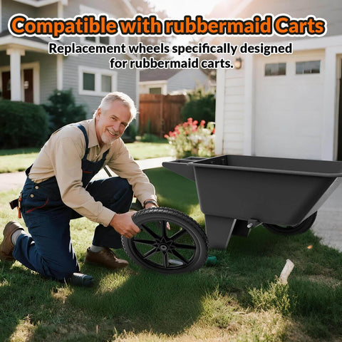 Man installing 20 Inch Flat Free Wheelbarrow Wheels 2 Pack With Preinstalled Five Eighth Inch Bearings And Three Quarter Inch Adapters Replacement Cart Tires For Rubbermaid And Garden Carts Built Tough Easy Install And Durable Performance on a black Rubbermaid cart.