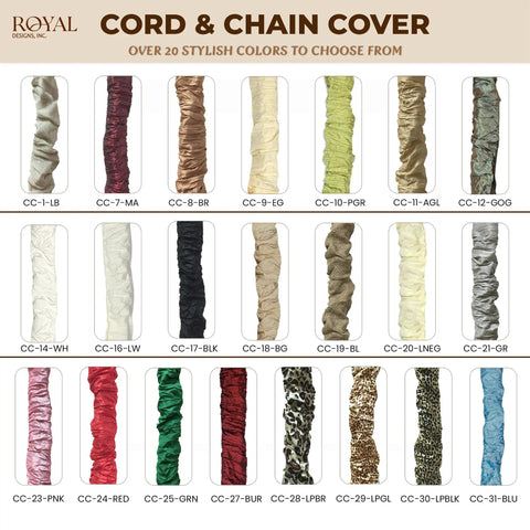 Various colors of cord and chain covers, including leopard and bright red, displayed in grid with names like CC-1-LB and CC-31-BLU.