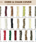 Various colors of cord and chain covers including beige, brown, red, green, leopard print, and more shown in a grid.