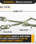 Diagram of Rebar Romeo 29 Inch Steel Rebar Chain Assembly With Self Locking Hooks, showing 2 snap hooks, rebar hook, and measurements.