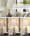 Set Of 2 Rustic Table Lamps For Living Room Farmhouse Antler Resin Nightstand Lamps With USB Charging Ports Three Way Dimmable Cozy Shaded Bedside Lighting LED Bulbs Included, showcasing different brightness levels.