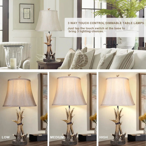 Set Of 2 Rustic Table Lamps For Living Room Farmhouse Antler Resin Nightstand Lamps With USB Charging Ports Three Way Dimmable Cozy Shaded Bedside Lighting LED Bulbs Included, showcasing different brightness levels.