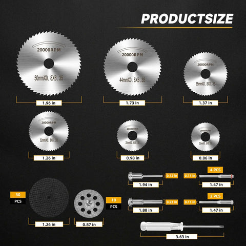 Ultimate 55 Piece All In One Rotary Tool Cutting Wheel Kit With Resin Discs Diamond Wheels HSS Blades And Extras diagram