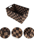 Top Shelf Clothing Storage Bin With Reinforced Metal Frame And Grippy Polyester Weave Handles in checkered pattern, perfect for storage.