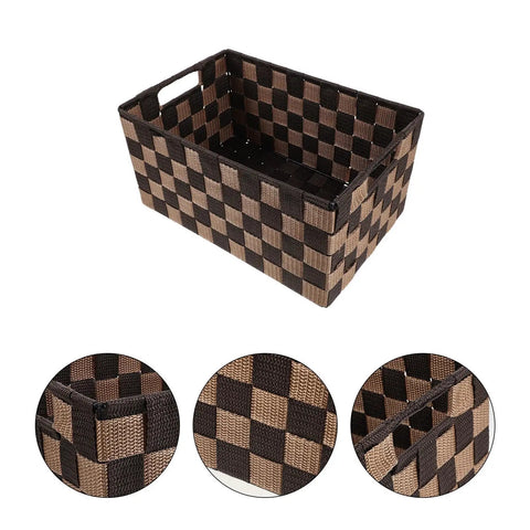 Top Shelf Clothing Storage Bin With Reinforced Metal Frame And Grippy Polyester Weave Handles in checkered pattern, perfect for storage.