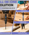 Heavy Lifting Countersink Drill Bit Set, Knockout 22 Pc Pro Grade Woodworking Kit in use for drilling, countersinking, and driving screws.