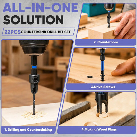 Heavy Lifting Countersink Drill Bit Set, Knockout 22 Pc Pro Grade Woodworking Kit in use for drilling, countersinking, and driving screws.