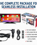 IntelliDash Pro X10 10 Inch Wireless CarPlay And Android Auto Display with accessories and packaging box layout