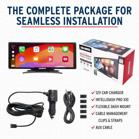 IntelliDash Pro X10 10 Inch Wireless CarPlay And Android Auto Display with accessories and packaging box layout