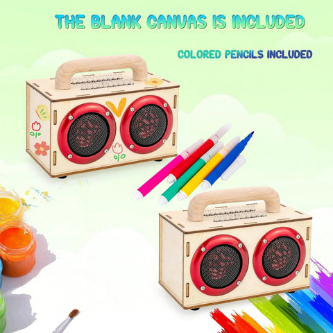 Build Your Own Bluetooth Speaker Kit With LED Lights And Colored Pencils For STEM Learning Fun For Kids Ages 8 To 14, wooden shell