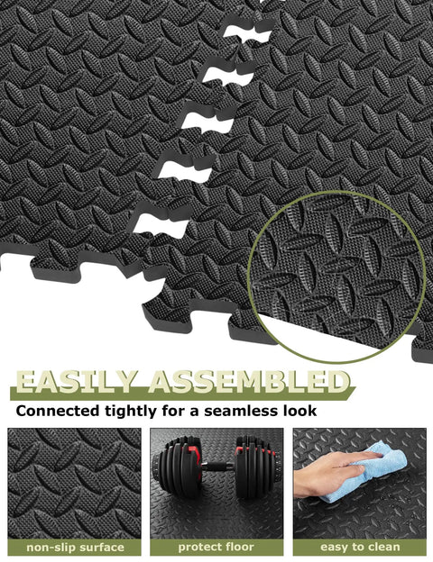 Close-up of interlocking gym floor tiles, 12 pack black foam mats for home gym and garage, 23.6 by 23.6 inch, textured surface.
