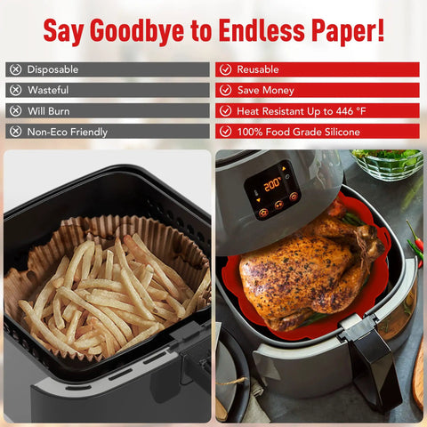 3-Pack Reusable Silicone Air Fryer Liners, 8.5 Inch Fits 3.5 To 8.5 Qt Baskets, Food Grade BPA Free, Nonstick And Easy Clean, in use with chicken and fries