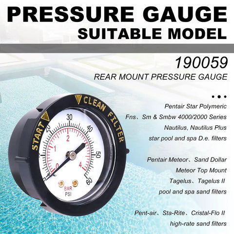 Rear Mount Pool Filter Pressure Gauge With 2.5 Inch Dial, Shatter Resistant Lens, Copper Threaded Connector, Plug And Play With Pentair 190059 Rear Mount Gauge, No Hassle Setup And Clear Readouts. rear-mount pool pressure gauge with 2.5-inch dial and black face