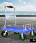 10 Inch Pneumatic Swivel Casters Set Of 4 Heavy Duty Rubber Caster Wheels With Anti Skid Treads shown on a blue transport cart.