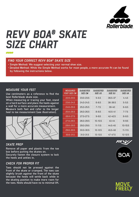 Size chart for BOA 125 Inline Skates for Adults, detailing measurements and fitting instructions for high performance speed training.