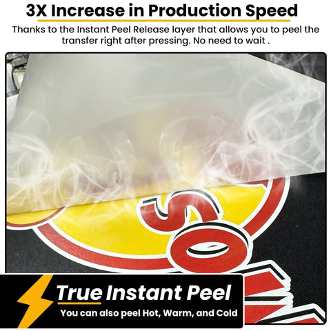 Instant Hot Peel Cold Peel DTF Transfer Paper Roll 13 Inch X 328 Feet Direct To Film PET Anti Static Double Sided Clear Sheets shown.