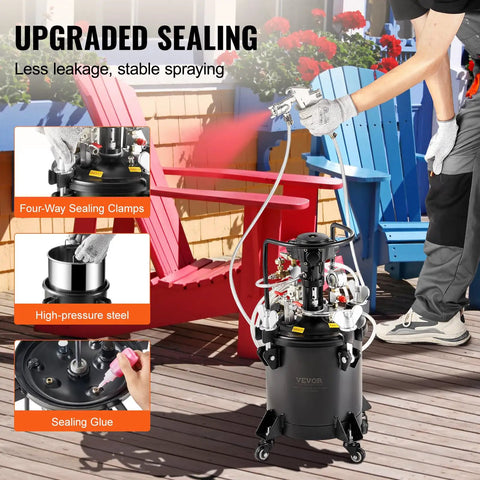 No Sweat Automatic Stirring Spray Paint Pressure Pot Two Point Five Gallon Air Powered Paint Mixer Tank in use, showing adjustable features.