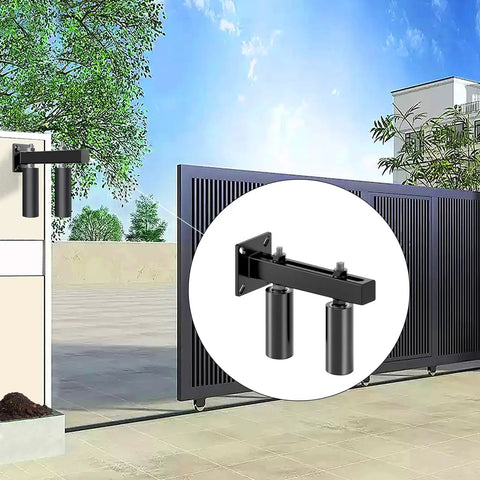 6 Inch Slide Gate Guide Roller With Adjustable UHMW Nylon Guider, installed on a gate, made with AISI 1045 steel bracket, black finish.