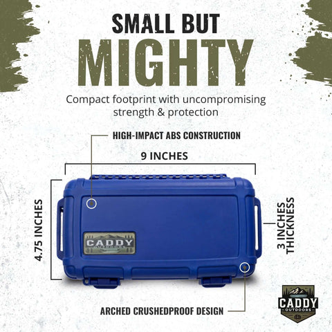 Tough As Nails Outdoor Case With Airtight Gasket Seal And Heavy Duty Latches To Block Rain Mud And Dust Secure Travel Friendly Hard Shell Compact ABS plastic container measuring 9x4.75x3 inches.