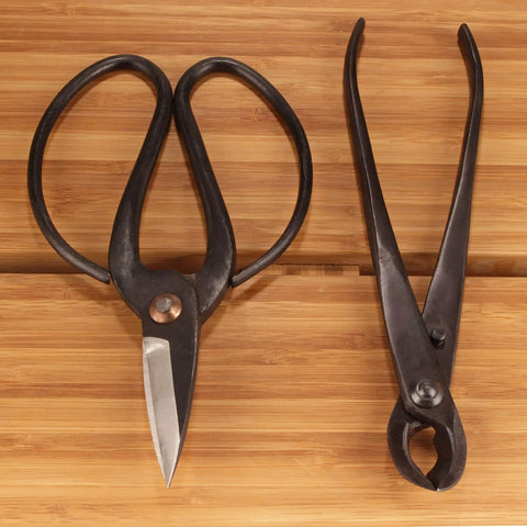 Solid Bonsai Tools Essentials Set With 8 Inch Concave Cutter And 7 Inch Heavy Duty Shear For Precise Trimming Hand Forged Carbon Steel Blades Ergonomic Grip Great For Beginners And Pros, top view