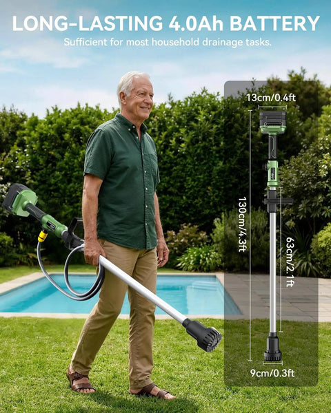 Man holding 21V Cordless Water Transfer Pump With Dual 4.0Ah Batteries Portable Submersible Sump Pump 720 GPH near a pool.